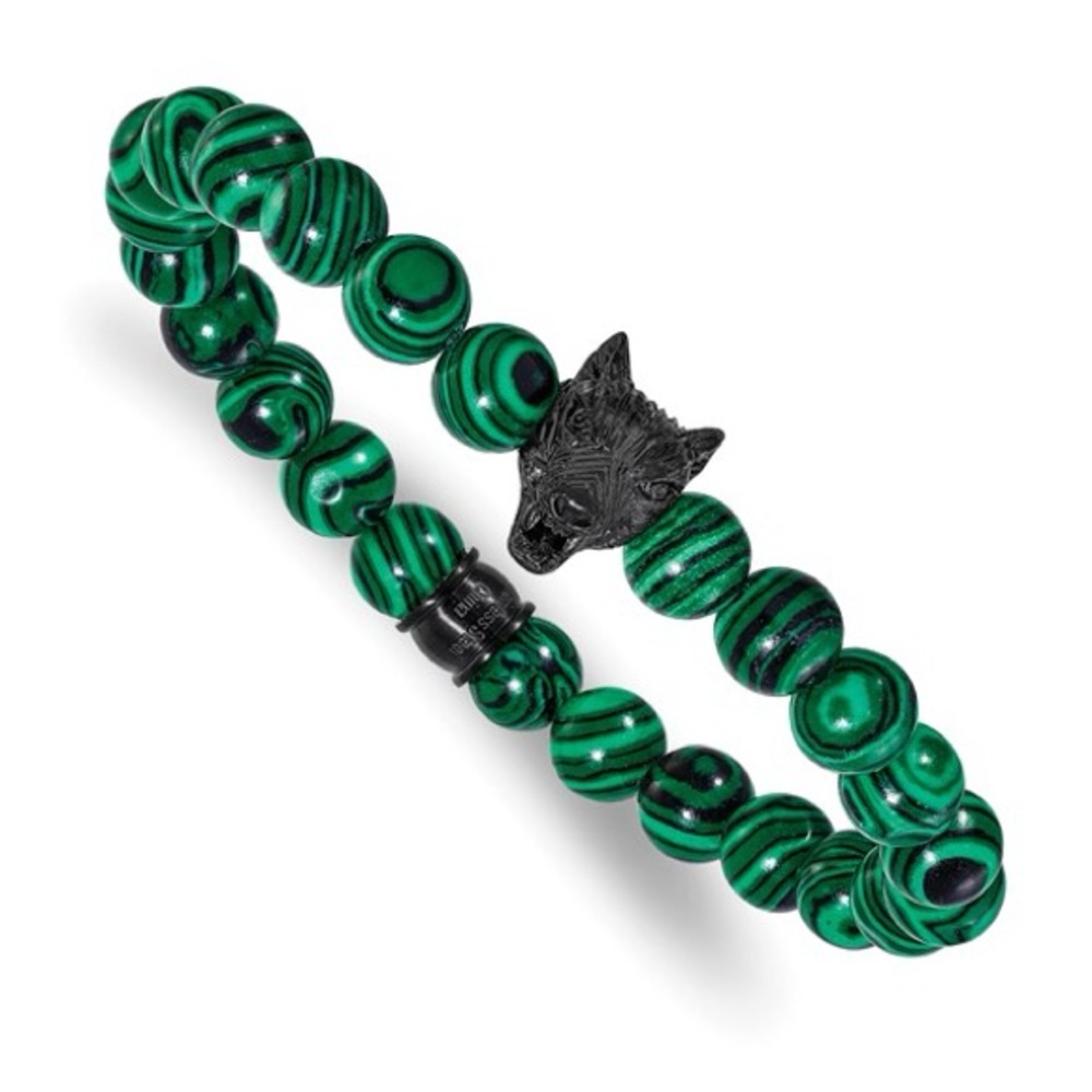 Green Malachite Beaded Bracelet with Blackened Stainless Steel Wolf Charm
